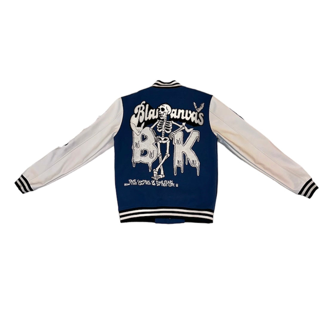 BLUE BK SKELETON VARSITY JACKET