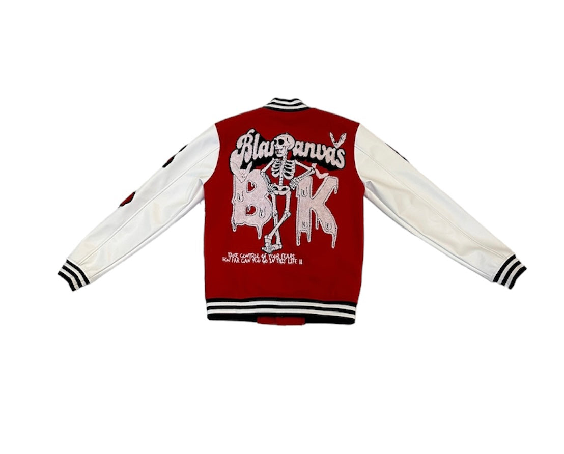 RED BK SKELETON VARSITY JACKET